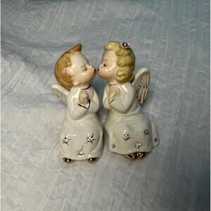 Vintage Ceramic Shelf Sitting Angel Figurines with jeweled accent and gold trim.